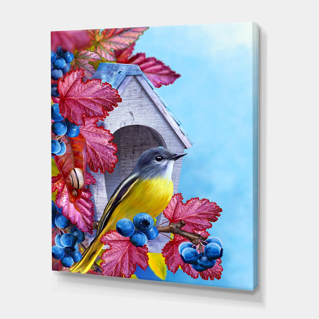 Designart - Titmouse Bird Sitting On A Branch Near A Birdhouse - Traditional Canvas Wall Art Print